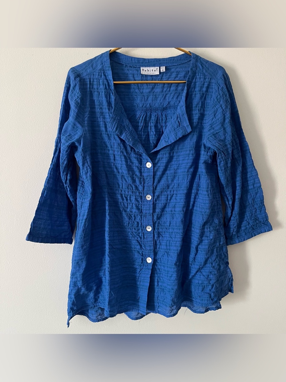 Habitat Cobalt Blue Shadow Stripe Textured Button Front 3/4 Sleeve Tunic Med